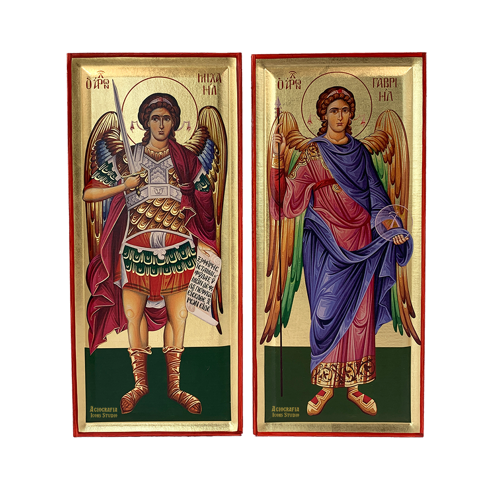 Set of Archangels Michael and Gabriel Orthodox Greek Wood Icon with Gold Leaf