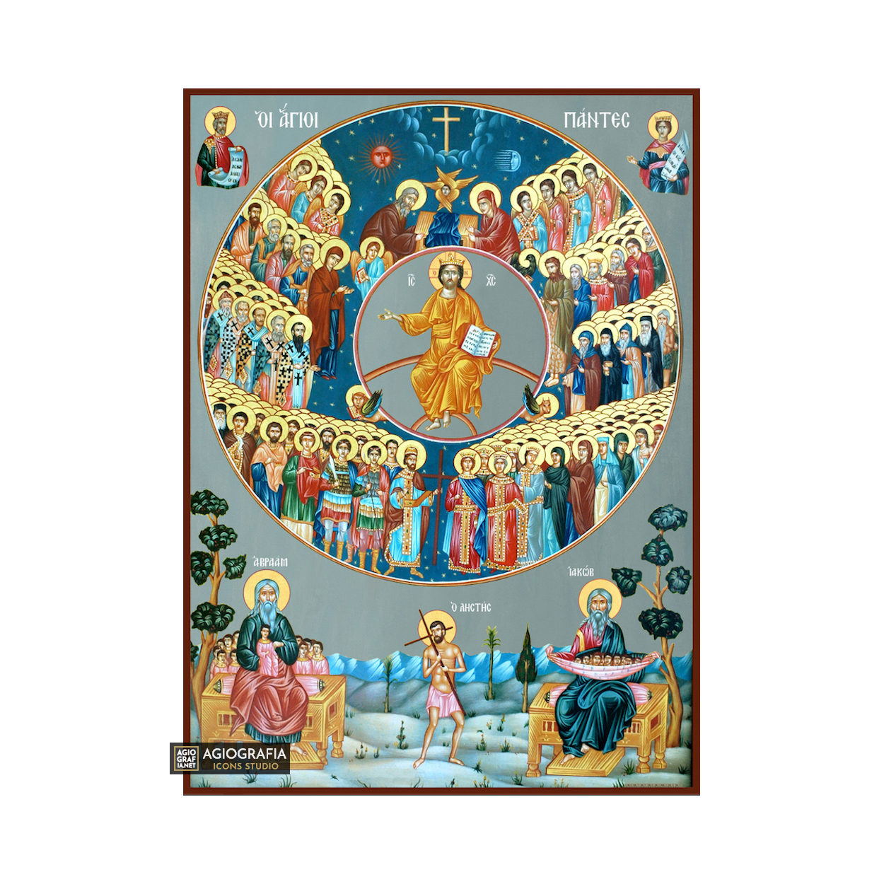 All Saints Greek Orthodox Icon on Wood with Blue Background