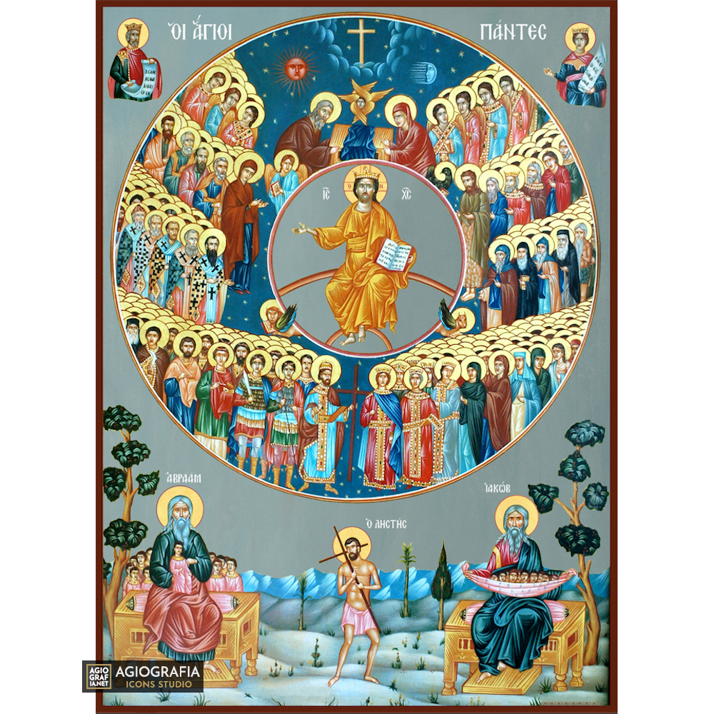 All Saints Greek Orthodox Icon on Wood with Blue Background