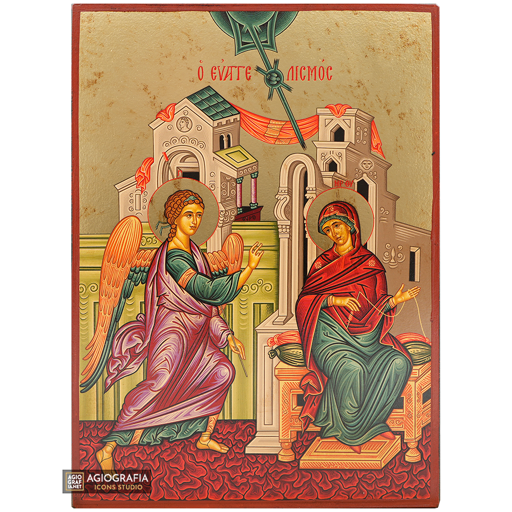 Annunciation of Theotokos Gold Print Icon with Aged Gold Foil