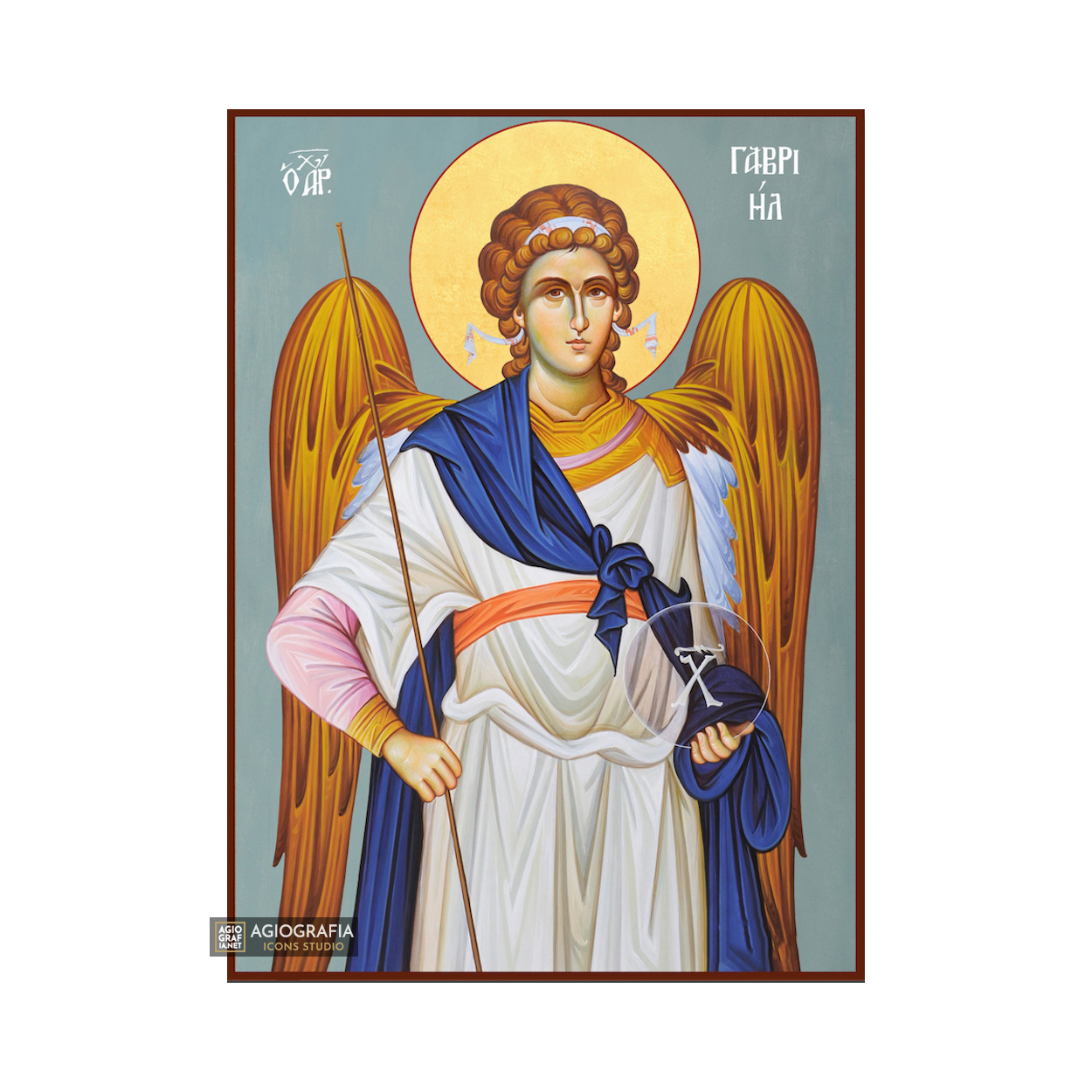 Archangel Gabriel Greek Orthodox Wood Icon with Blue Background