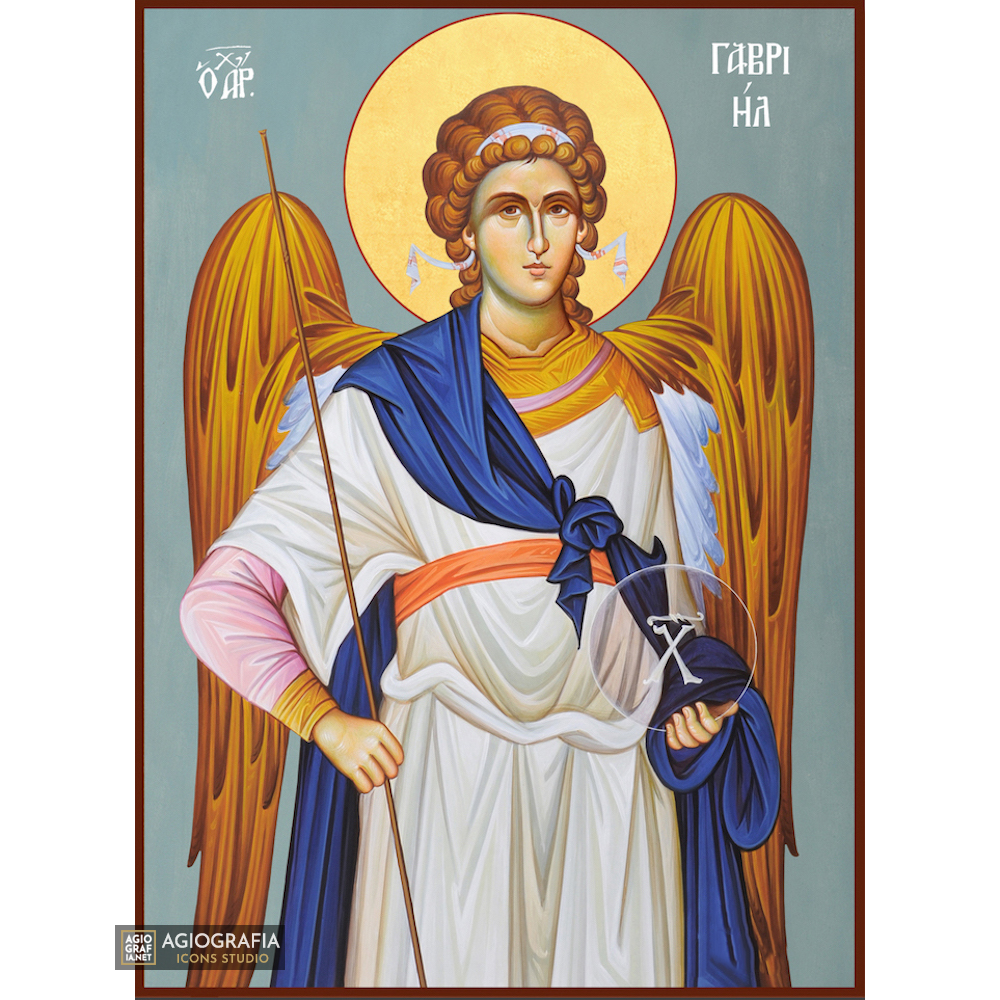 Archangel Gabriel Greek Orthodox Wood Icon with Blue Background