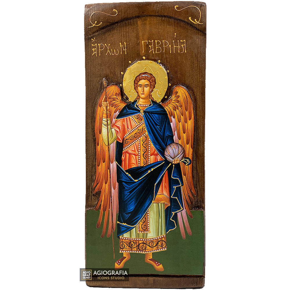 Archangel Gabriel Christian Orthodox Gold Print Icon on Carved Wood