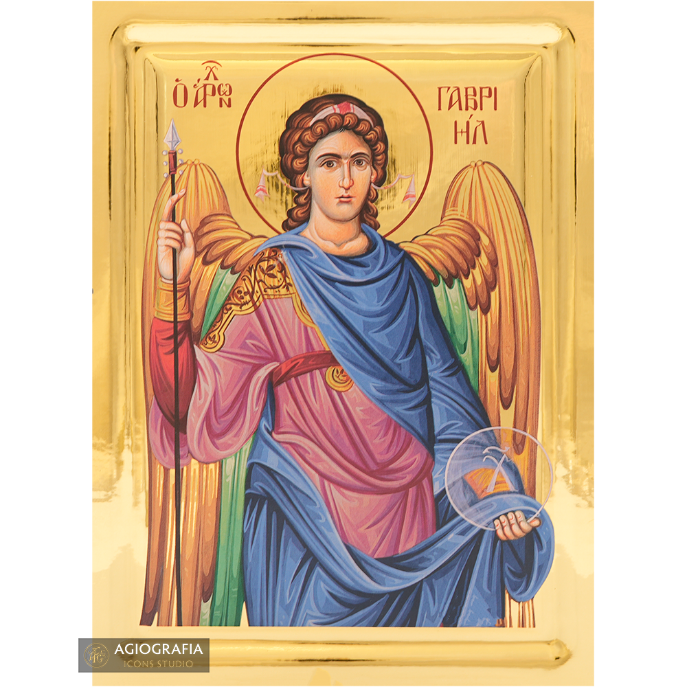 Archangel Gabriel Greek Icon on Wood with Gilding Effect
