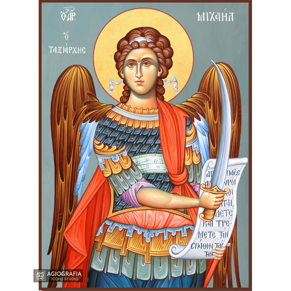 Archangel Michael Greek Orthodox Wood Icon with Blue Background