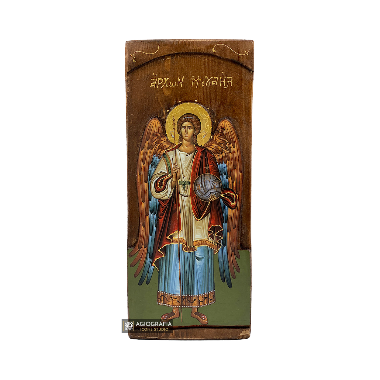 Archangel Michael Christian Orthodox Gold Print Icon on Carved Wood
