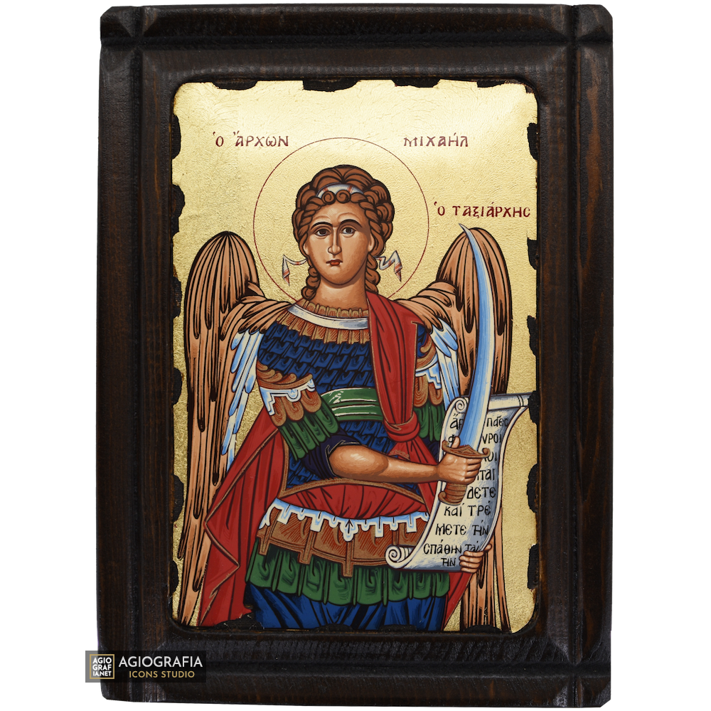 Archangel Michael Greek Orthodox Wood Icon with Gold Leaf