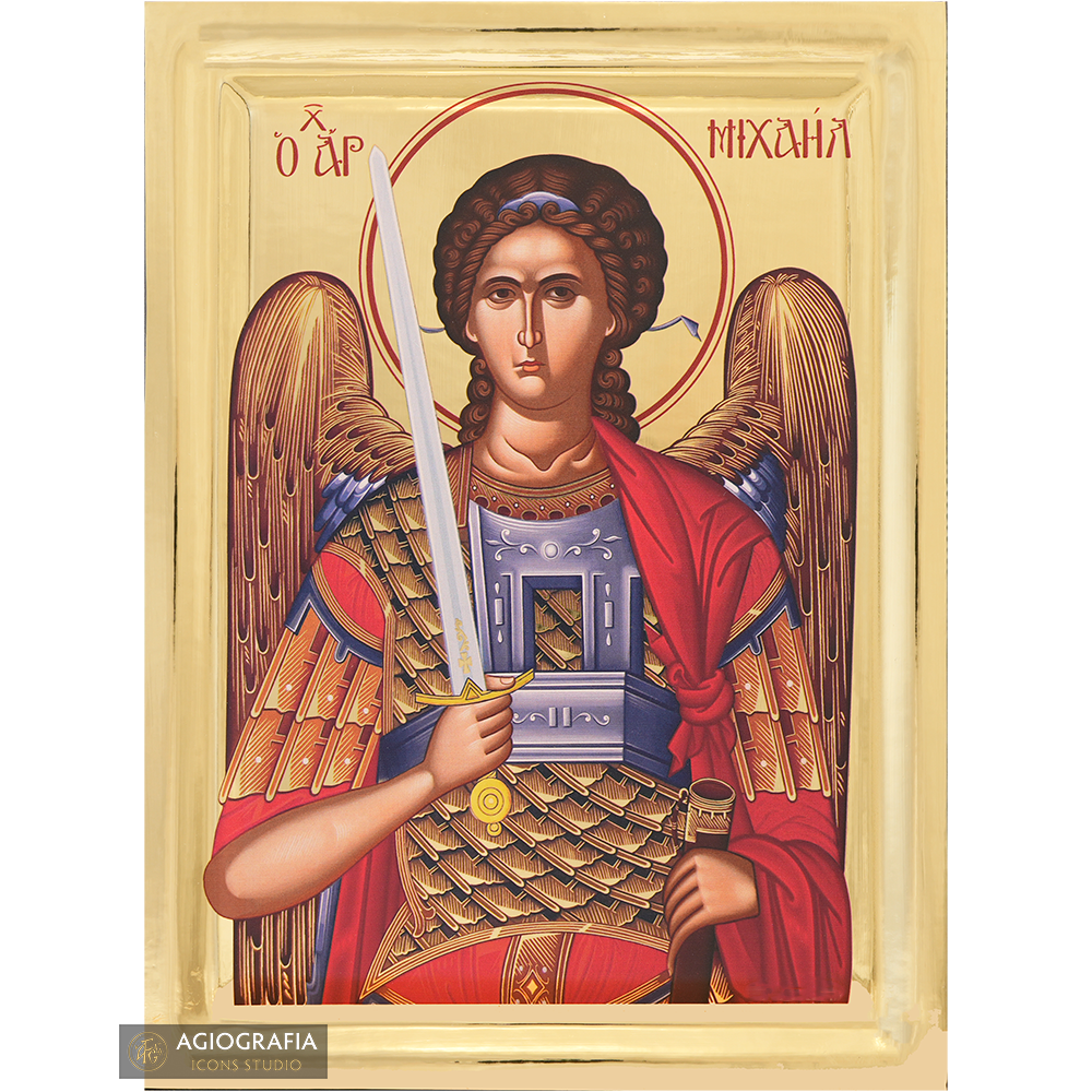 Archangel Michael Greek Icon on Wood with Gilding Effect