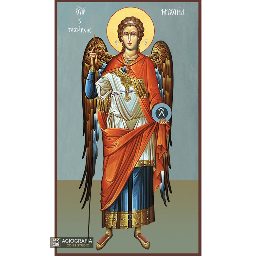 Archangel Michael Christian Byzantine Icon with Blue Background