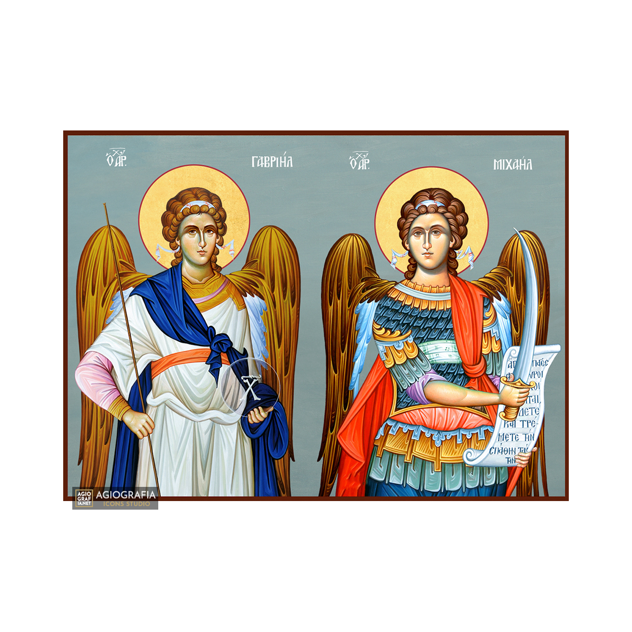 Archangels Michael & Gabriel Christian Icon with Blue Background