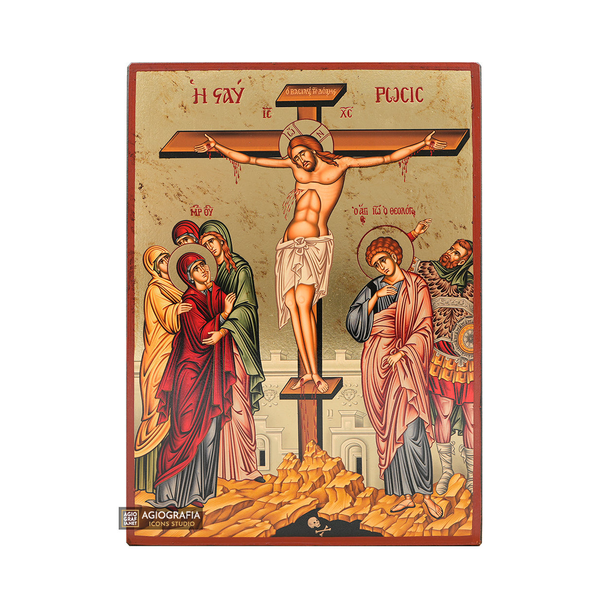 Crucifixion of The Lord Gold Print Orthodox Icon with Aged Gold Foil