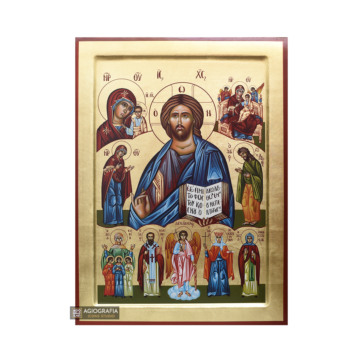 18k Deesis of Virgin Mary Angels Saints Greek Icon with Gold Leaf
