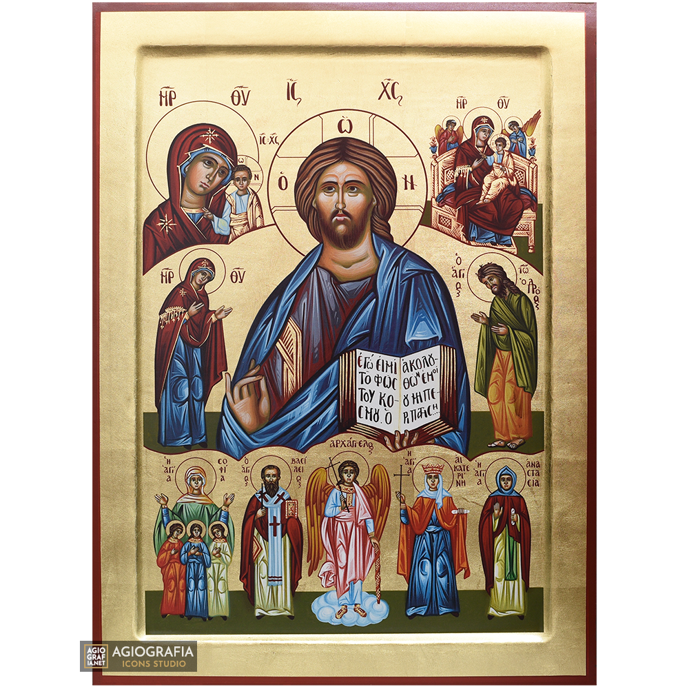 18k Deesis of Virgin Mary Angels Saints Greek Icon with Gold Leaf