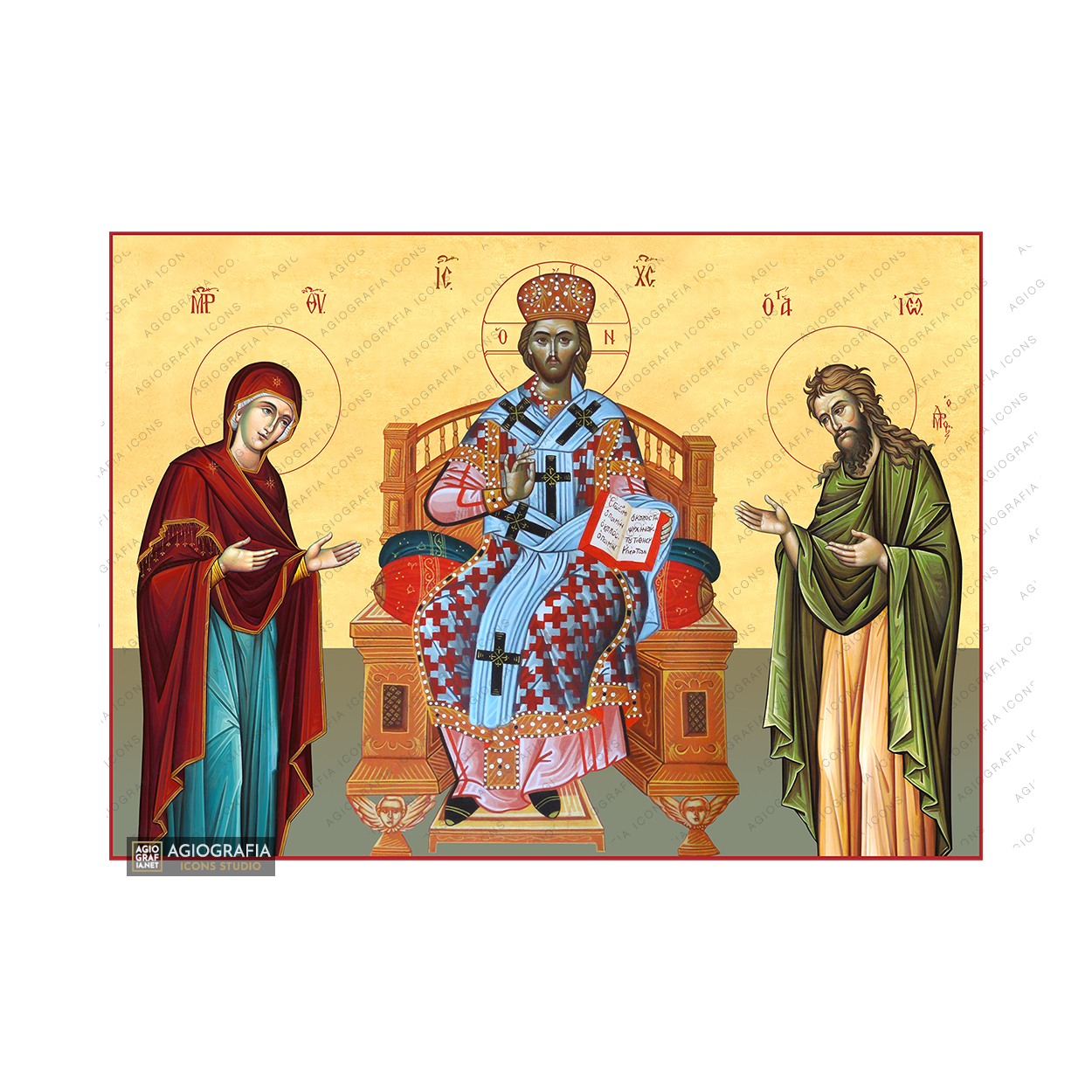 22k Deesis Christ Enthroned - Panagia - St John Icon with Gold Leaf