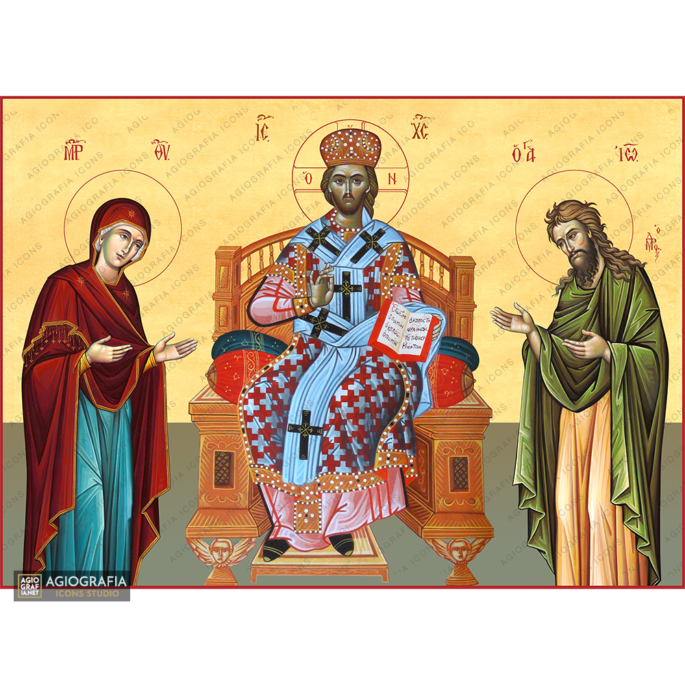 22k Deesis Christ Enthroned - Panagia - St John Icon with Gold Leaf