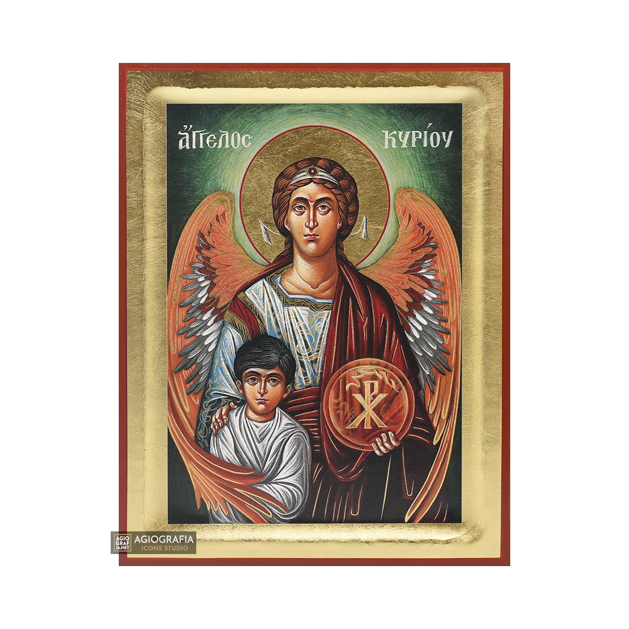 18k Guardian Angel Greek Orthodox Wood Icon with Gold Leaf