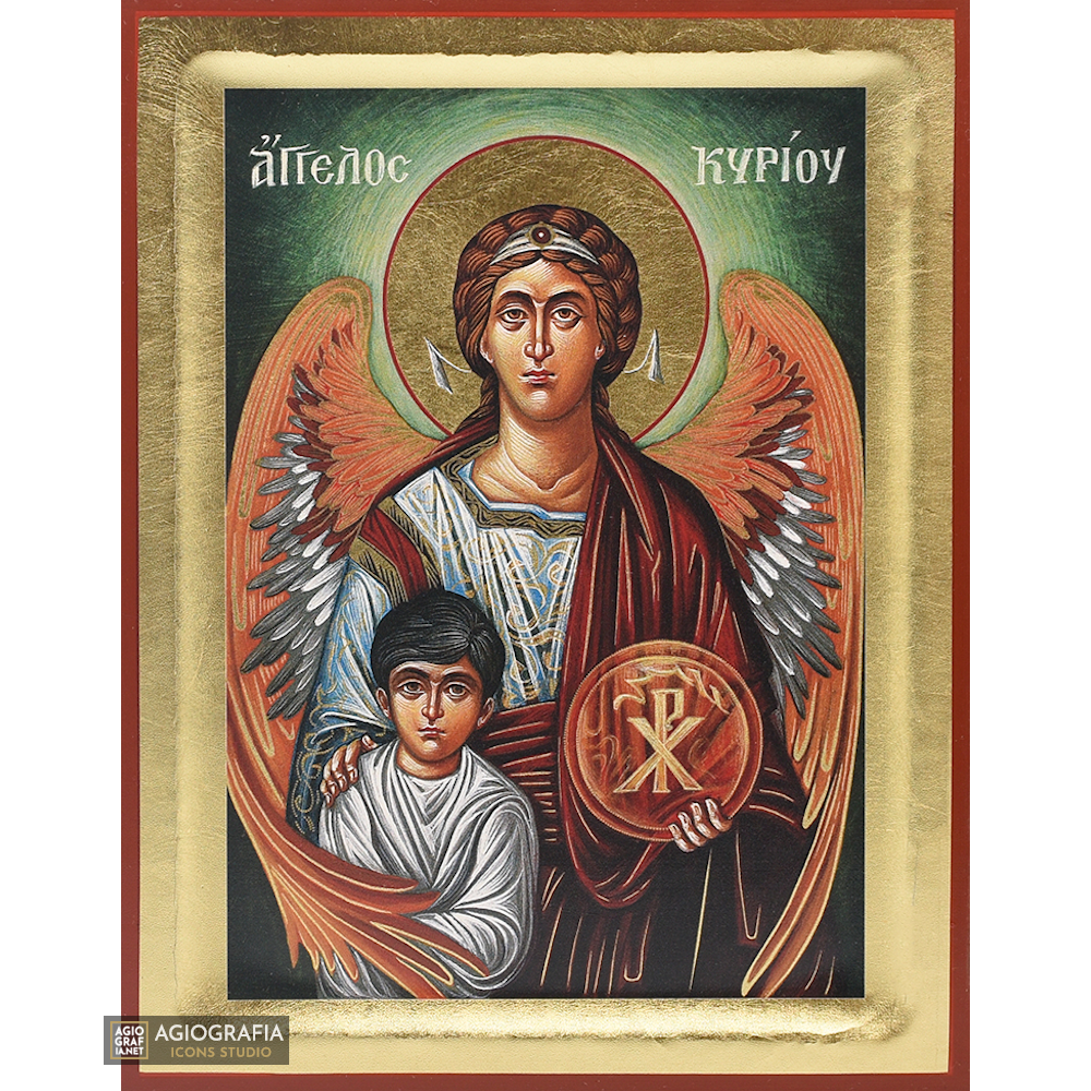 18k Guardian Angel Greek Orthodox Wood Icon with Gold Leaf