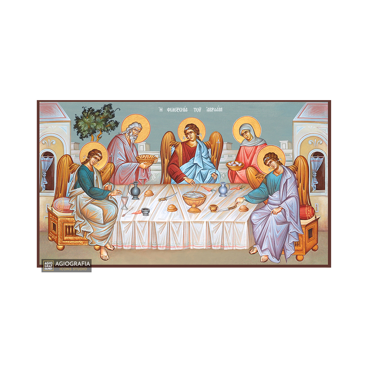 Holy Trinity & Hospitality of Abraham Greek Icon with Blue Background