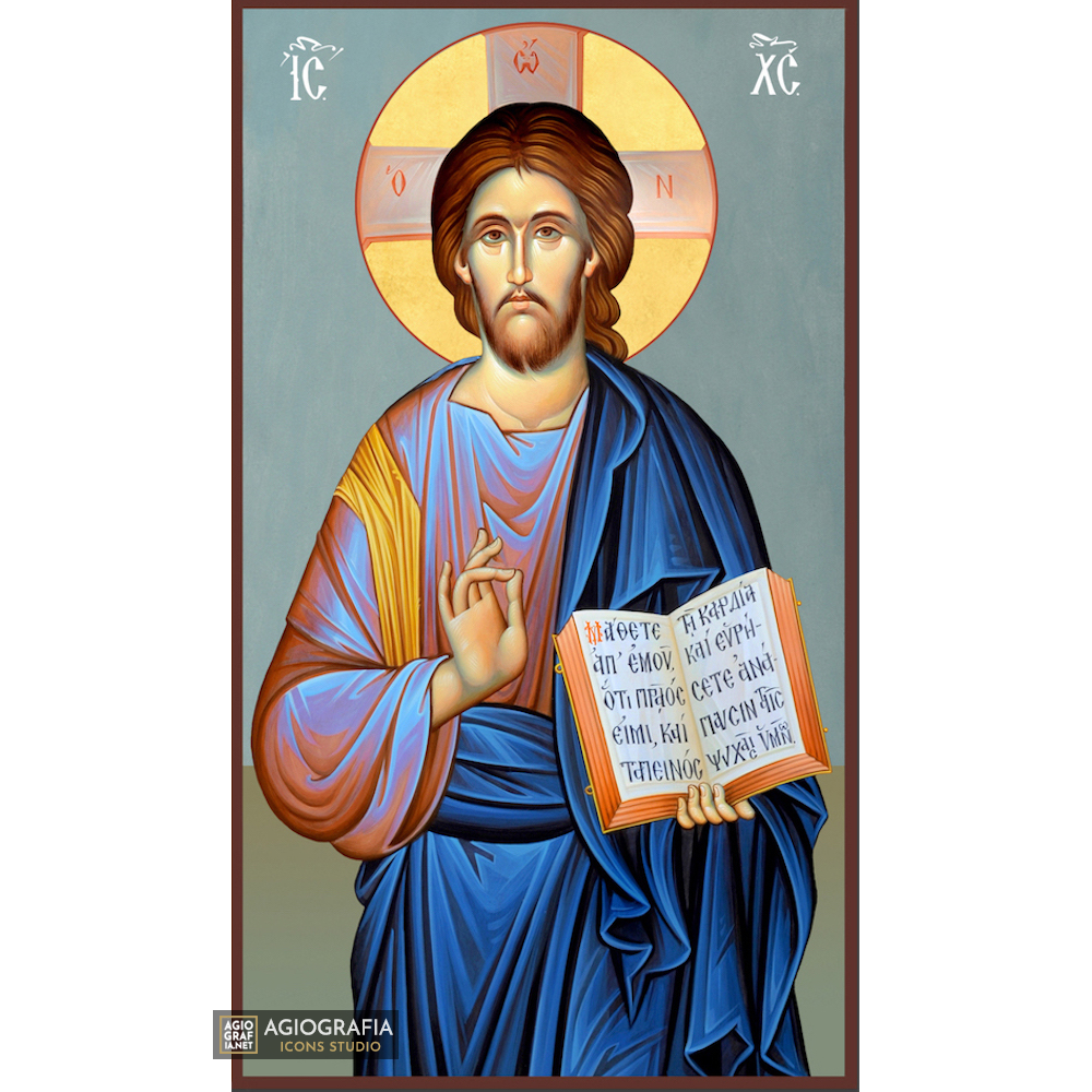 Jesus Christ Christian Greek Orthodox Icon with Blue Background