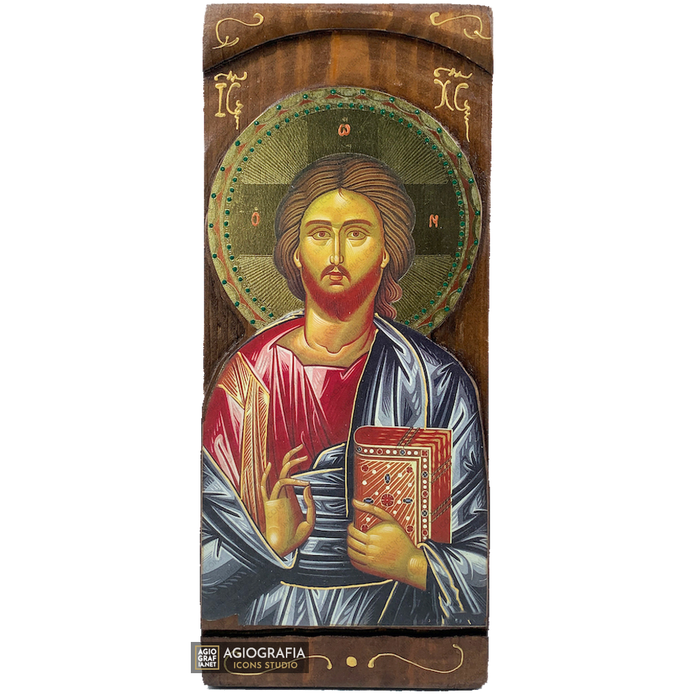 Jesus Christ Christian Orthodox Gold Print Icon on Carved Wood