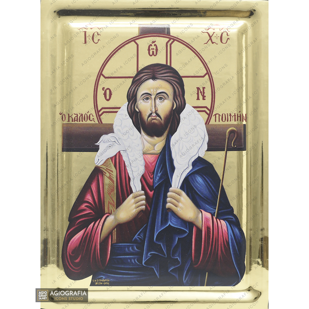 Jesus Christ Good Shepherd Christian Orthodox Icon with Gilding Effect