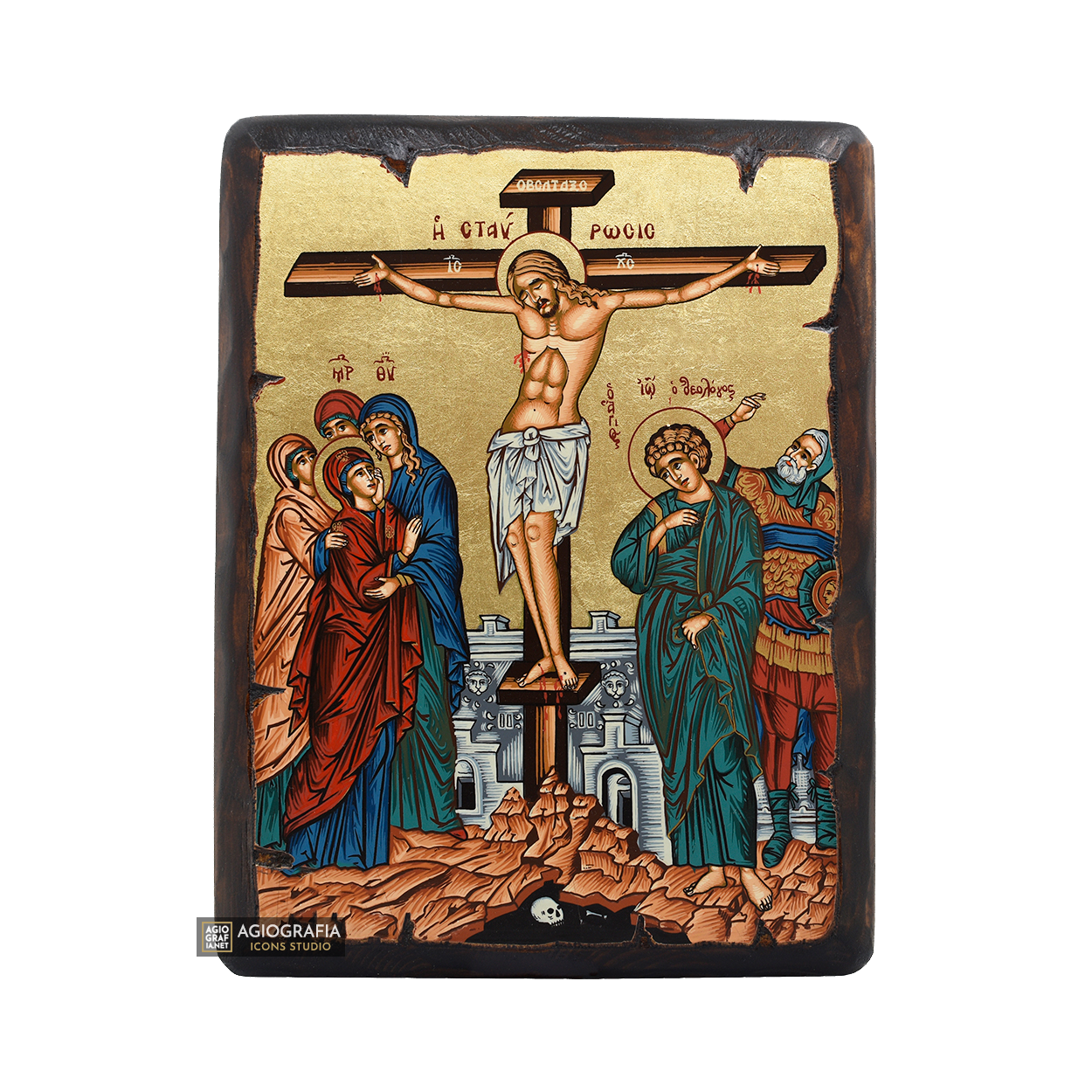 Crucifixion of the Lord Christian Orthodox Icon on Wood with Gold Leaf