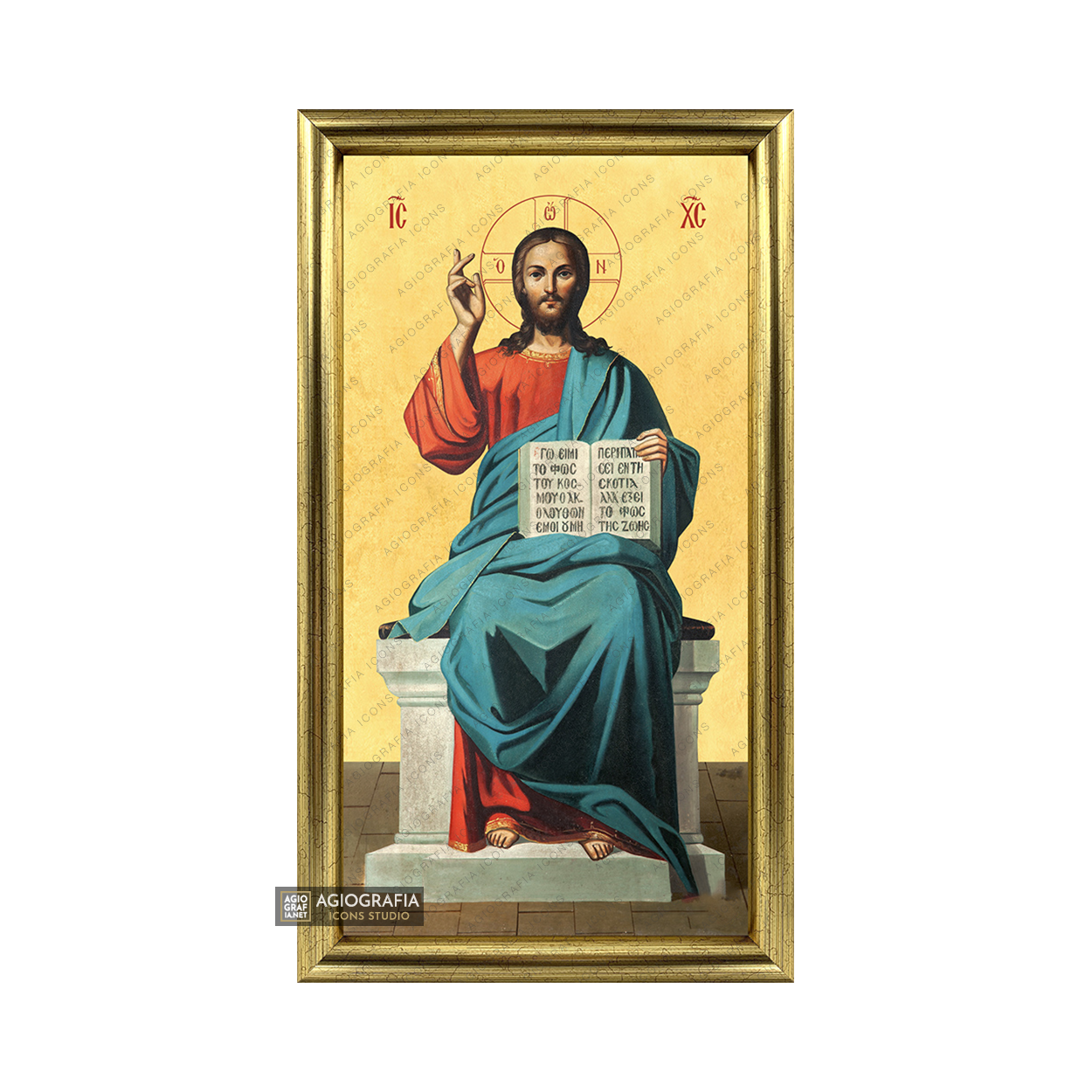 22k Jesus Christ Enthroned Framed Orthodox Icon with Gold Leaf