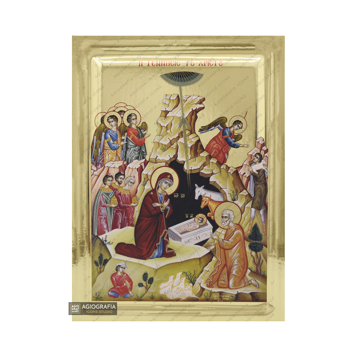 Nativity of the Lord Byzantine Orthodox Wood Icon with Gilding Effect