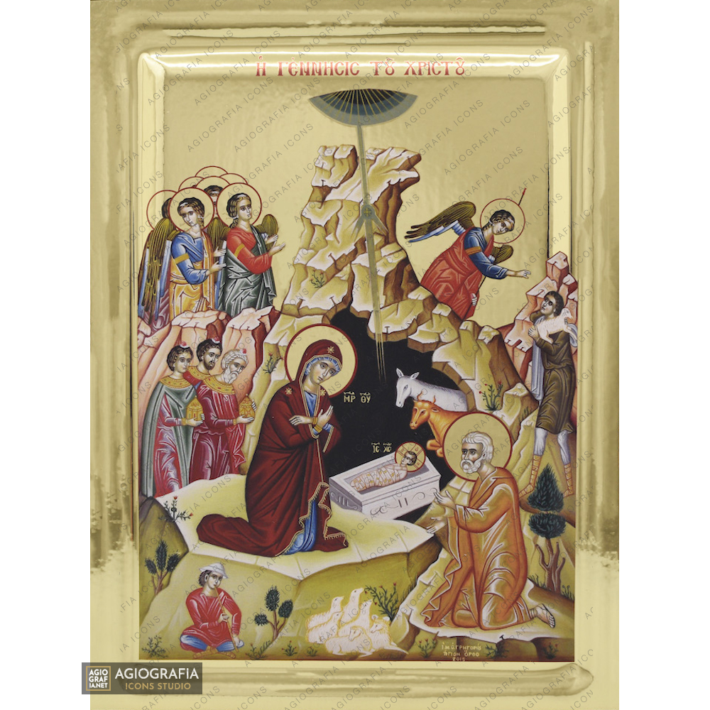 Nativity of the Lord Byzantine Orthodox Wood Icon with Gilding Effect