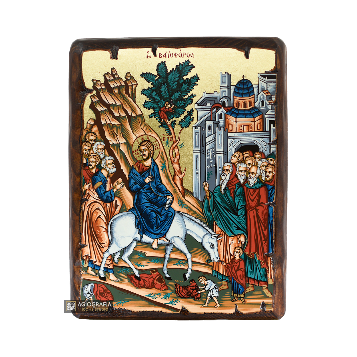 Palm Sunday Greek Orthodox Icon on Wood with Gold Leaf