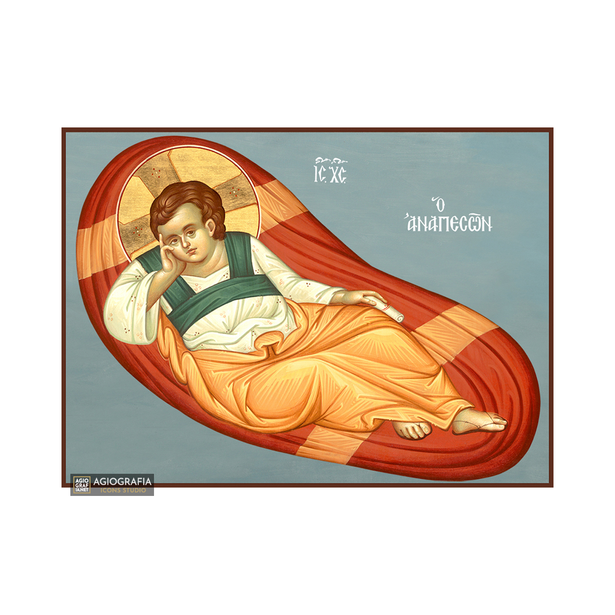 Jesus Christ Reclining Christian Wood Icon with Blue Background