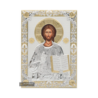 Jesus Christ The One Who Blesses Silver Plated Christian Icon on Wood