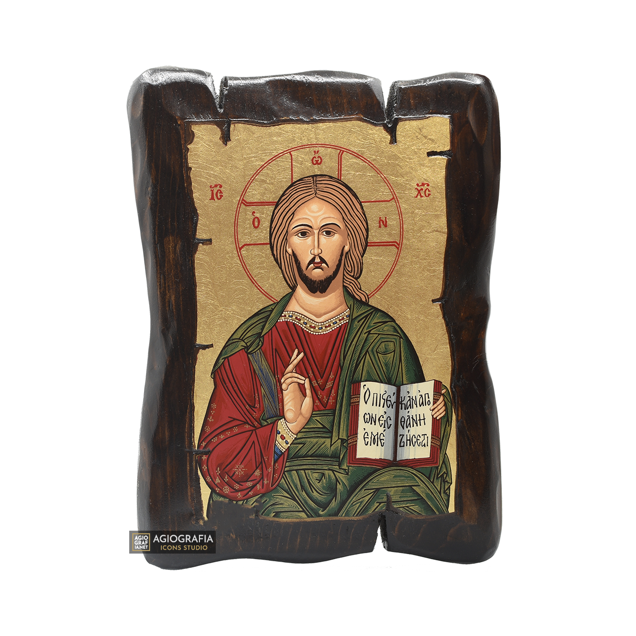 Jesus Christ Blessing Orthodox Icon on Carved Wood with Gold Leaf