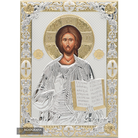 Jesus Christ The One Who Blesses Silver Plated Christian Icon on Wood