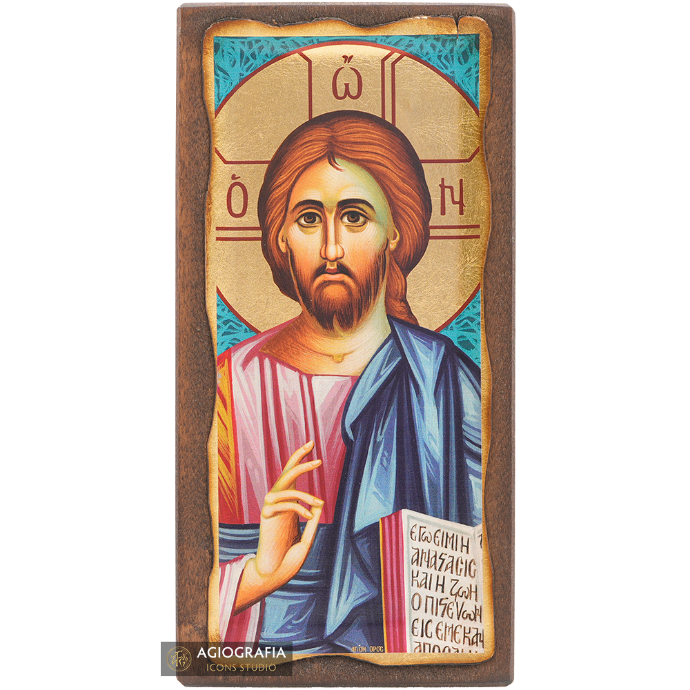 Jesus Christ The One Who Blesses Christian Icon with Aged Gold Leaves