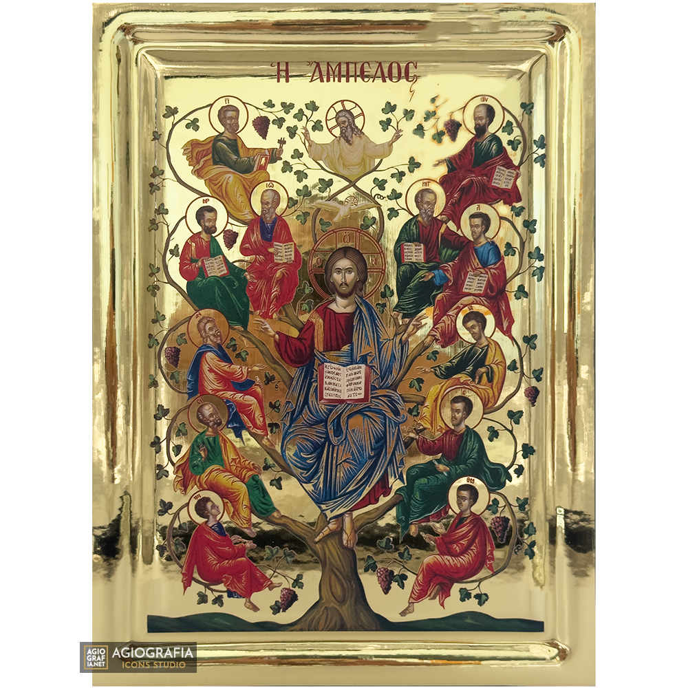 Jesus Christ Tree of Life Greek Icon on Wood with Gilding Effect