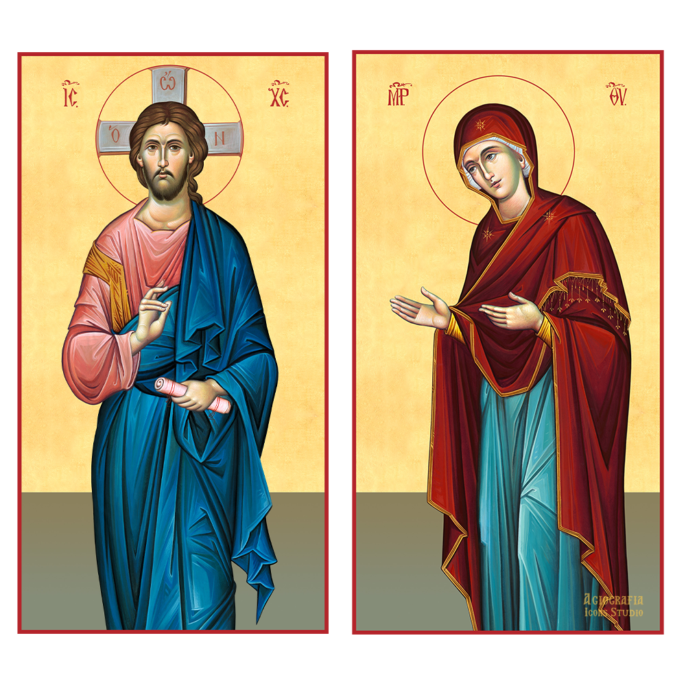 2 Christian Icons Jesus Christ Virgin Mary on Wood with 22k Gold Leaf Agiografia Icons