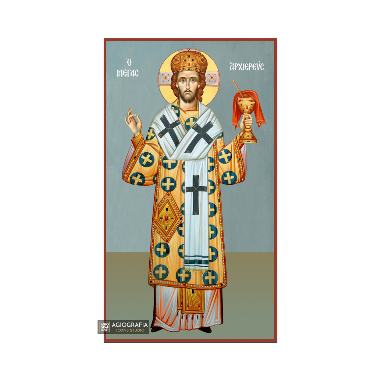 Jesus Christ Great Archbishop Orthodox Icon Blue Background