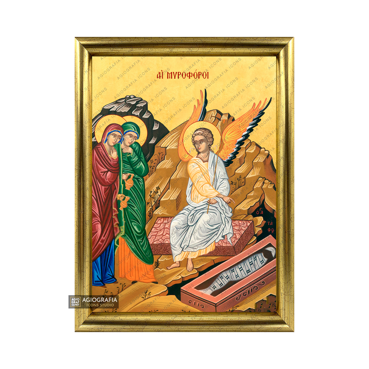 22k The Myrrh-Bearing Women Framed Christian Icon with Gold Leaf