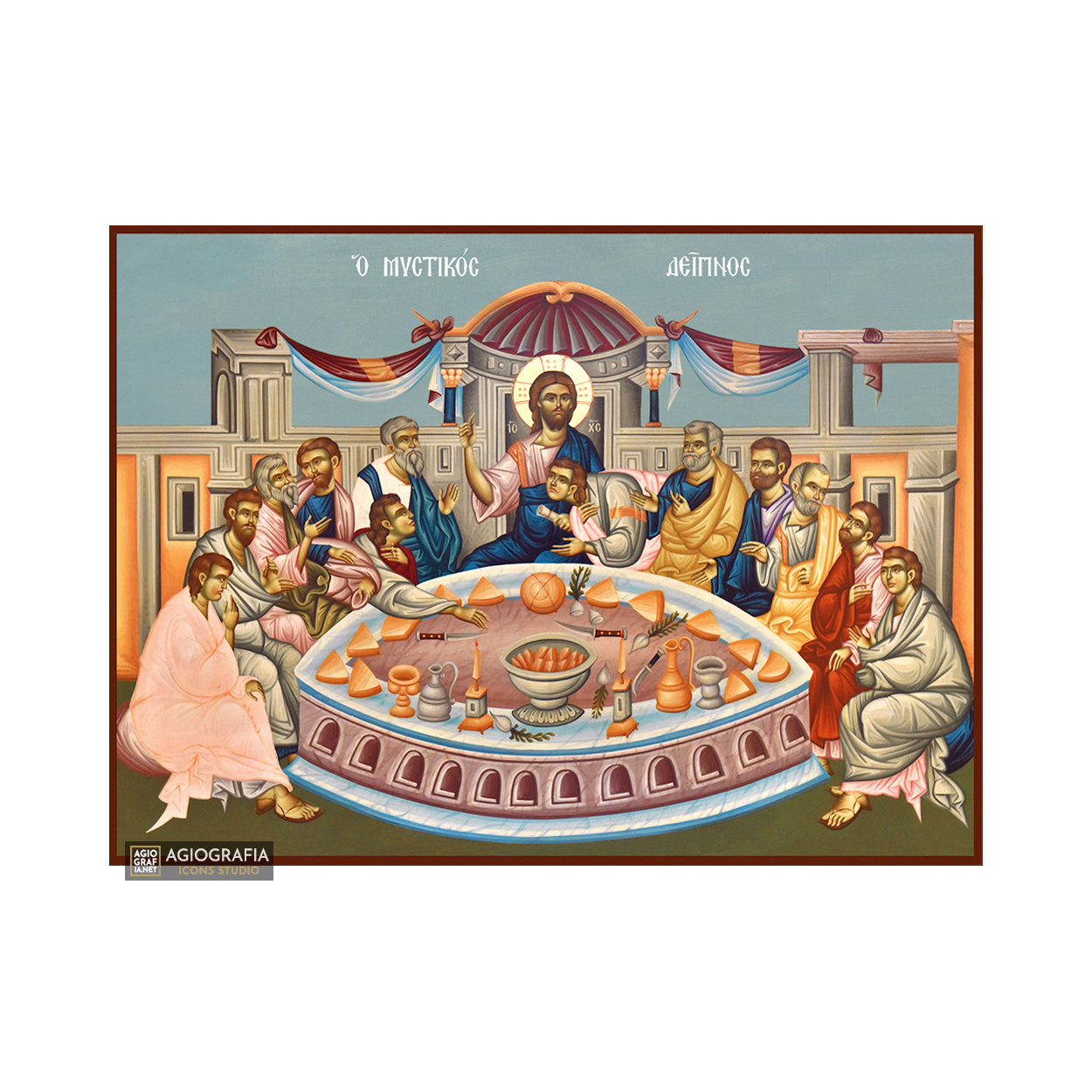 Mystical (Last) Supper Christian Icon on Wood with Blue Background