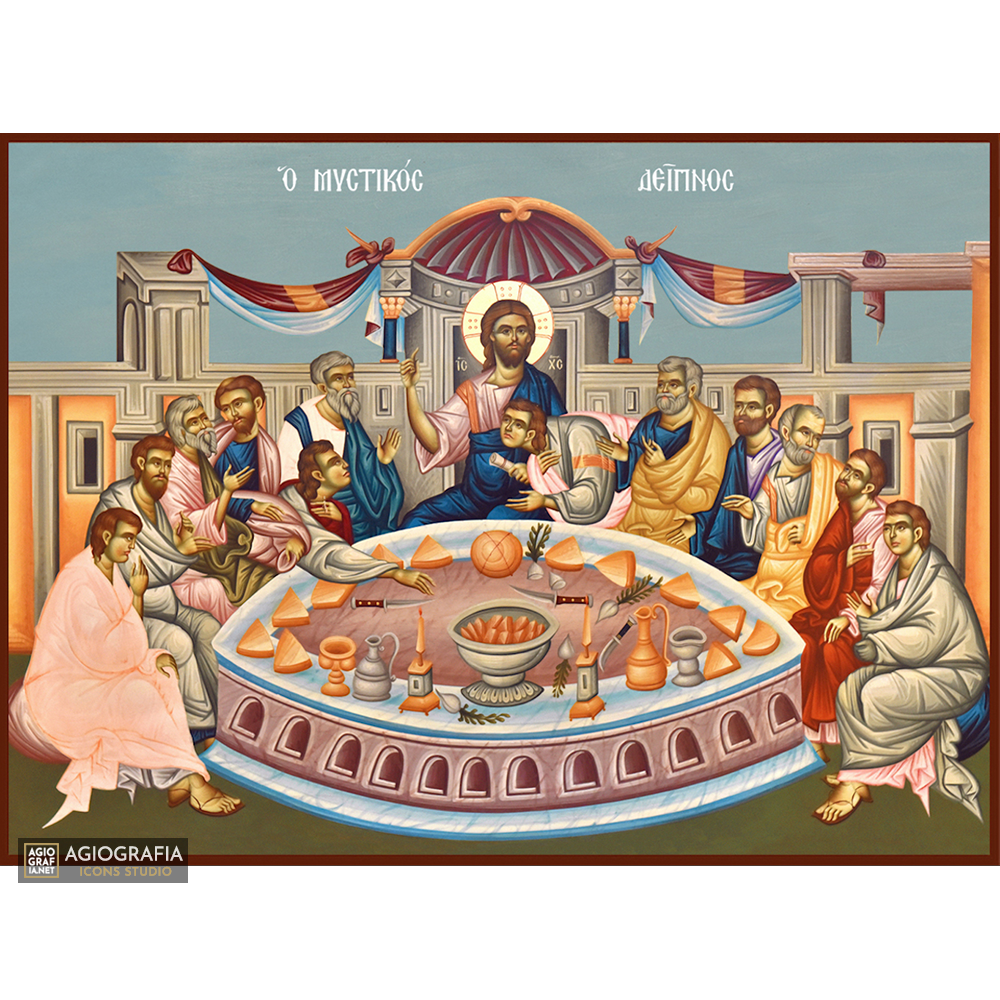 Mystical (Last) Supper Christian Icon on Wood with Blue Background
