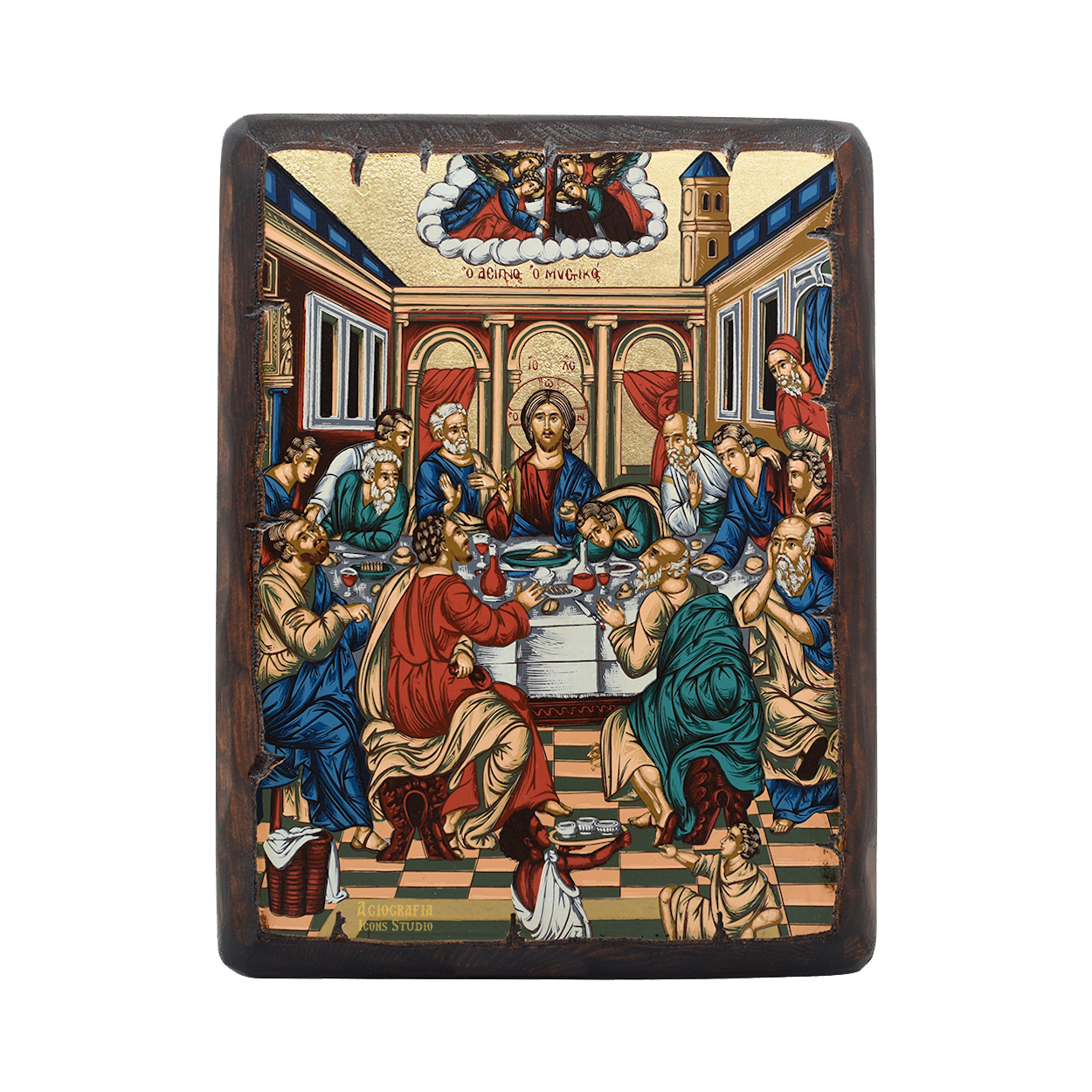 Mystical Supper Greek Icon on Carved Wood with Gold Leaf
