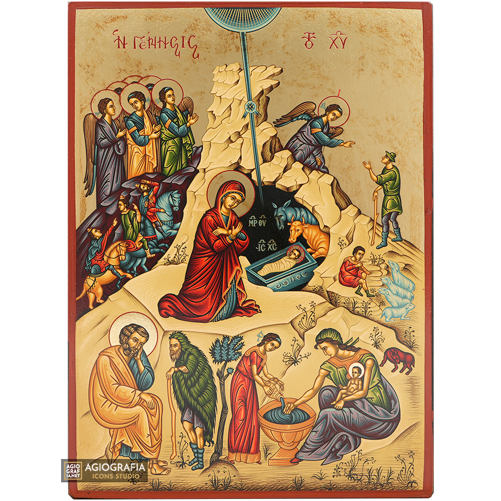 Nativity of The Lord Gold Print Orthodox Icon with Aged Gold Foil