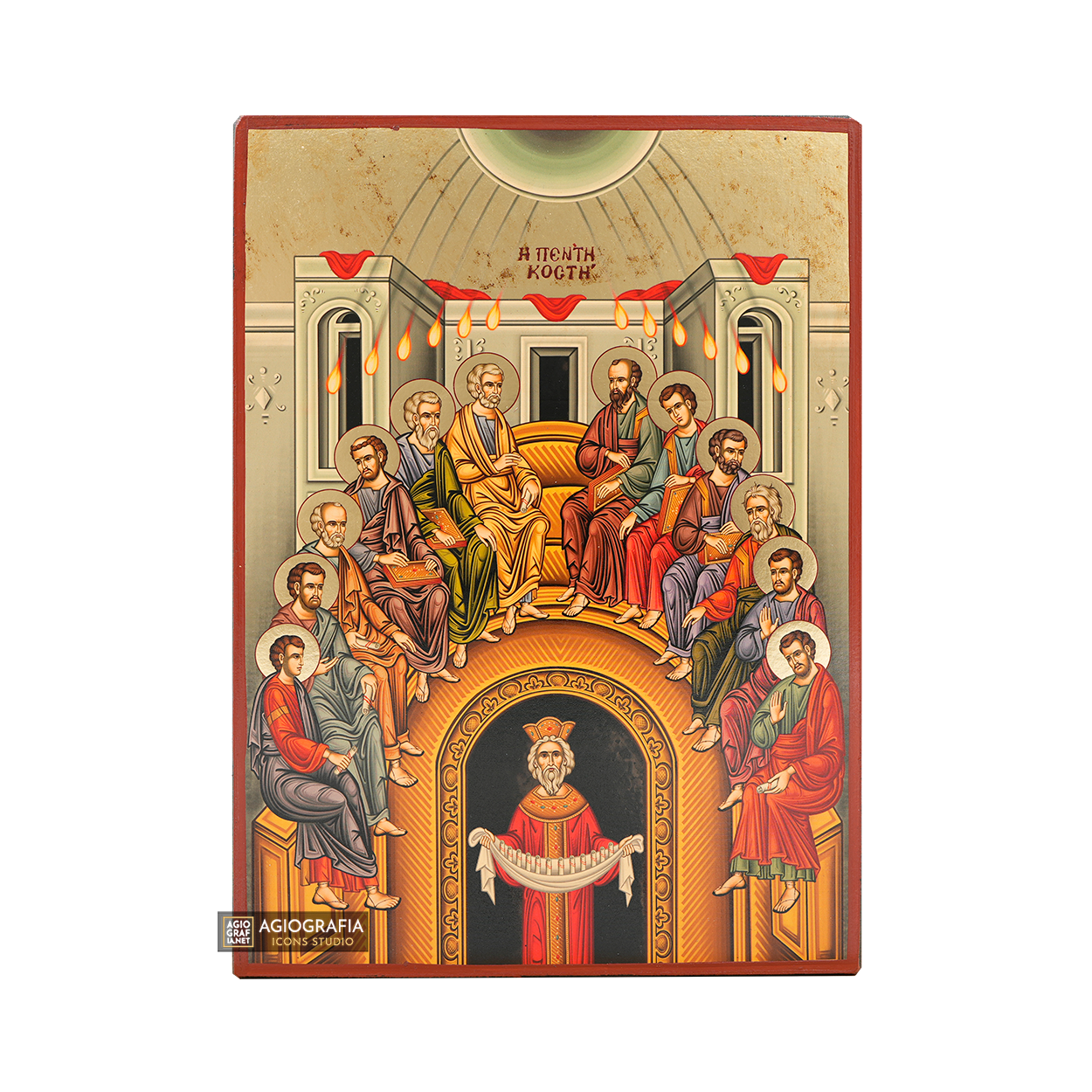 Pentecost Gold Print Orthodox Icon with Aged Gold Foil