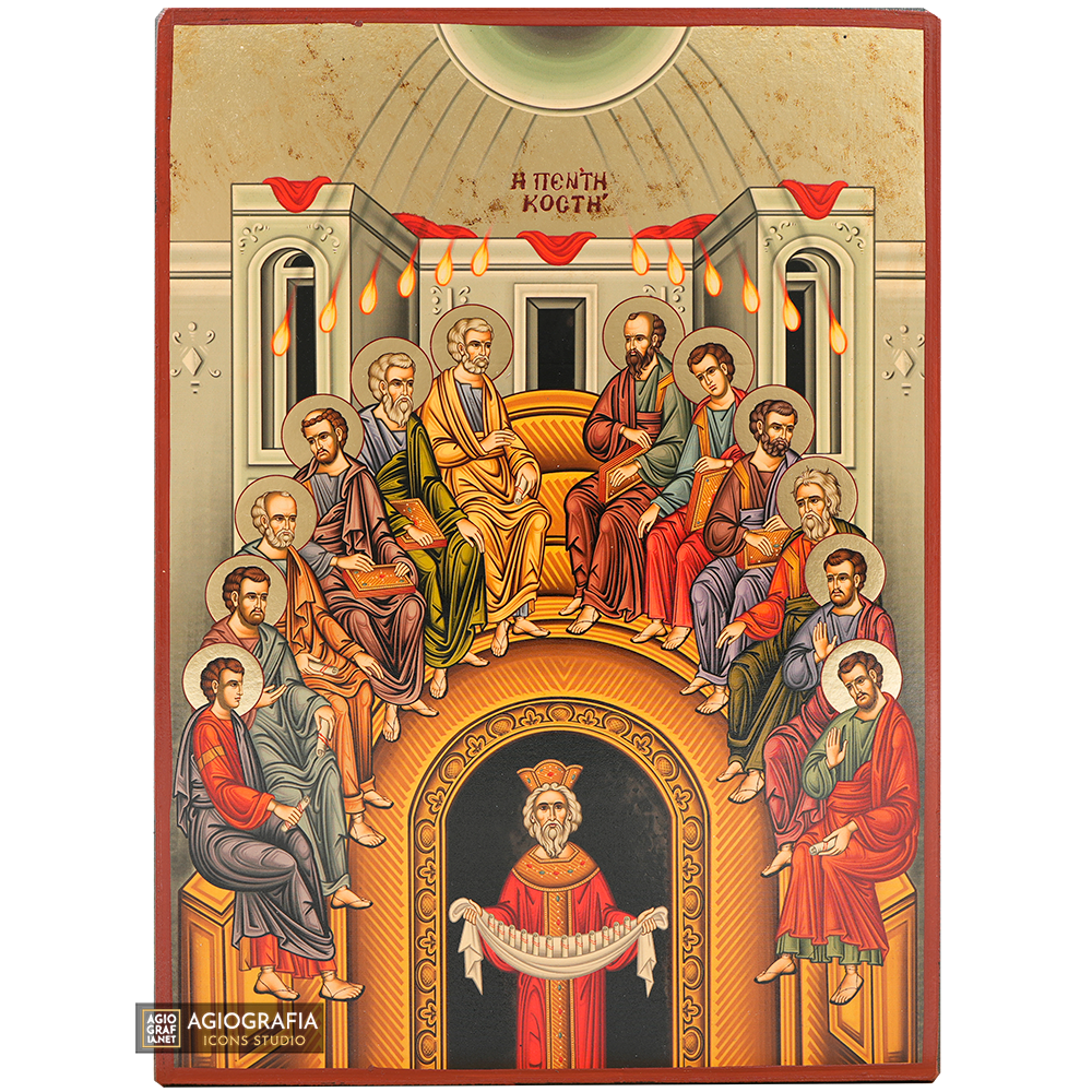 Pentecost Gold Print Orthodox Icon with Aged Gold Foil