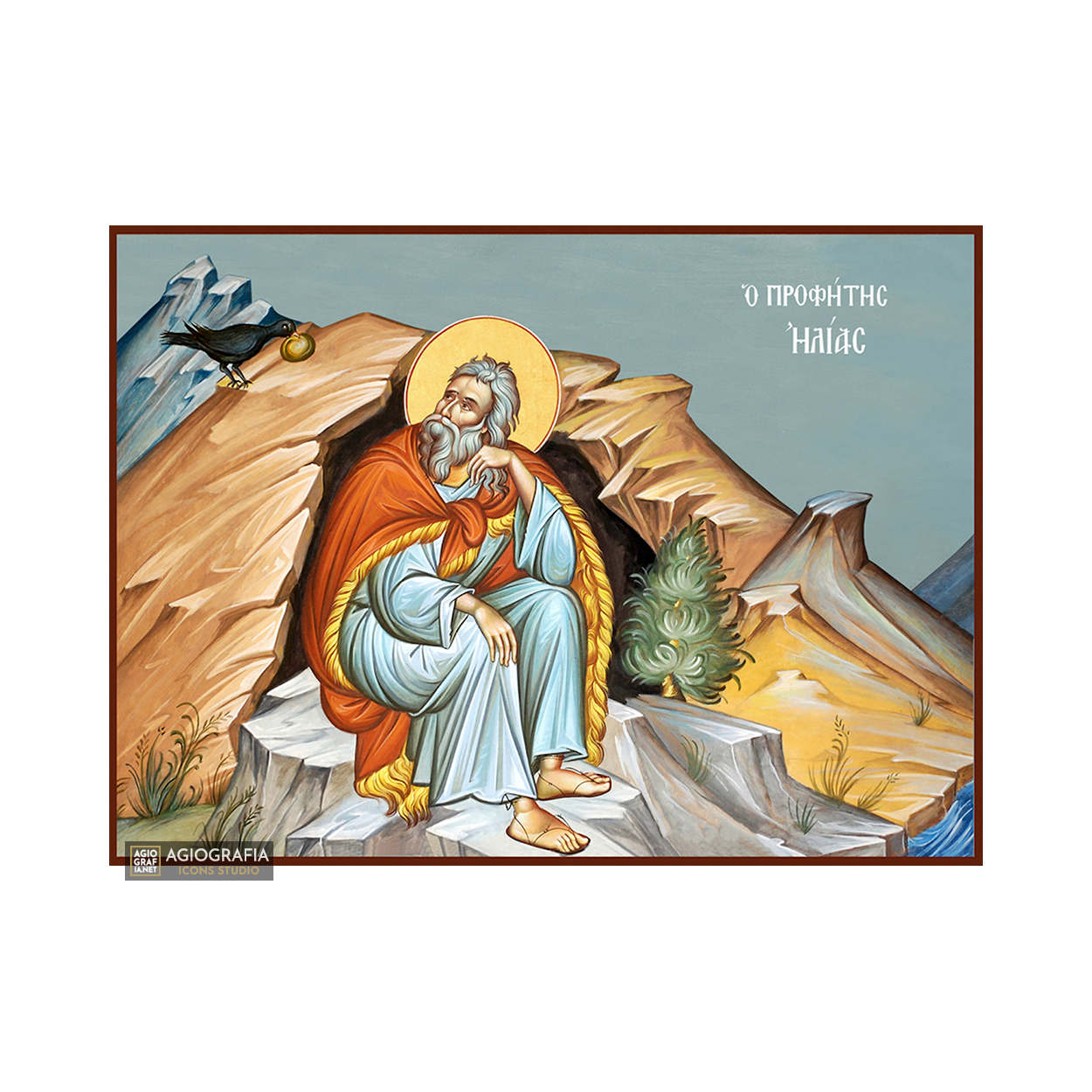 Prophet Elijah Eastern Christian Wood Icon with Blue Background