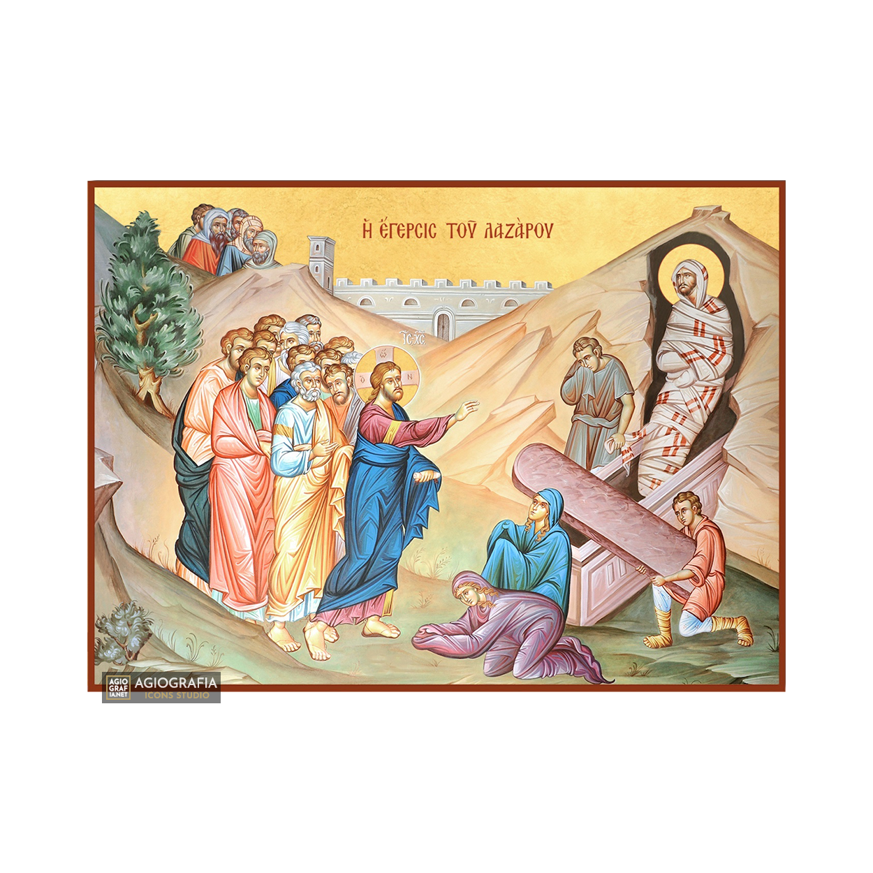 22k Raising of Lazarus Orthodox Icon with Gold Leaf Background