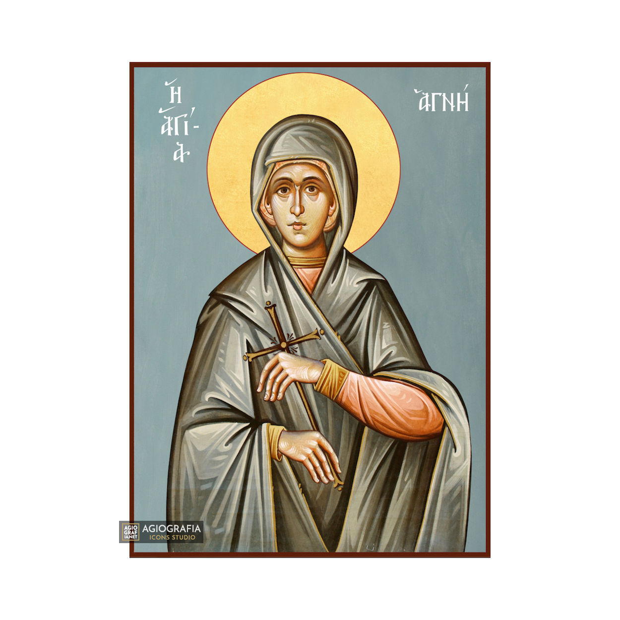 St Agni Christian Greek Orthodox Icon with Blue Background