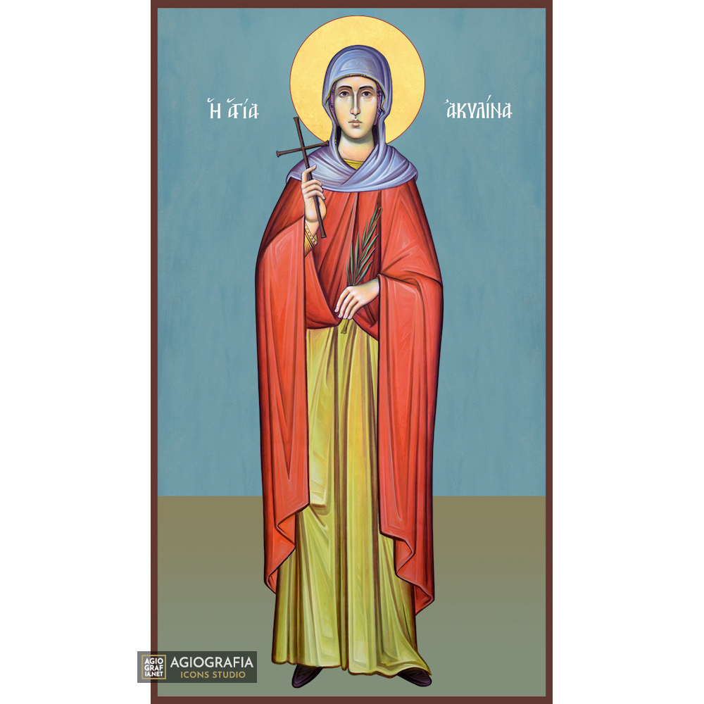 St Akilina Greek Orthodox Wood Icon with Blue Background
