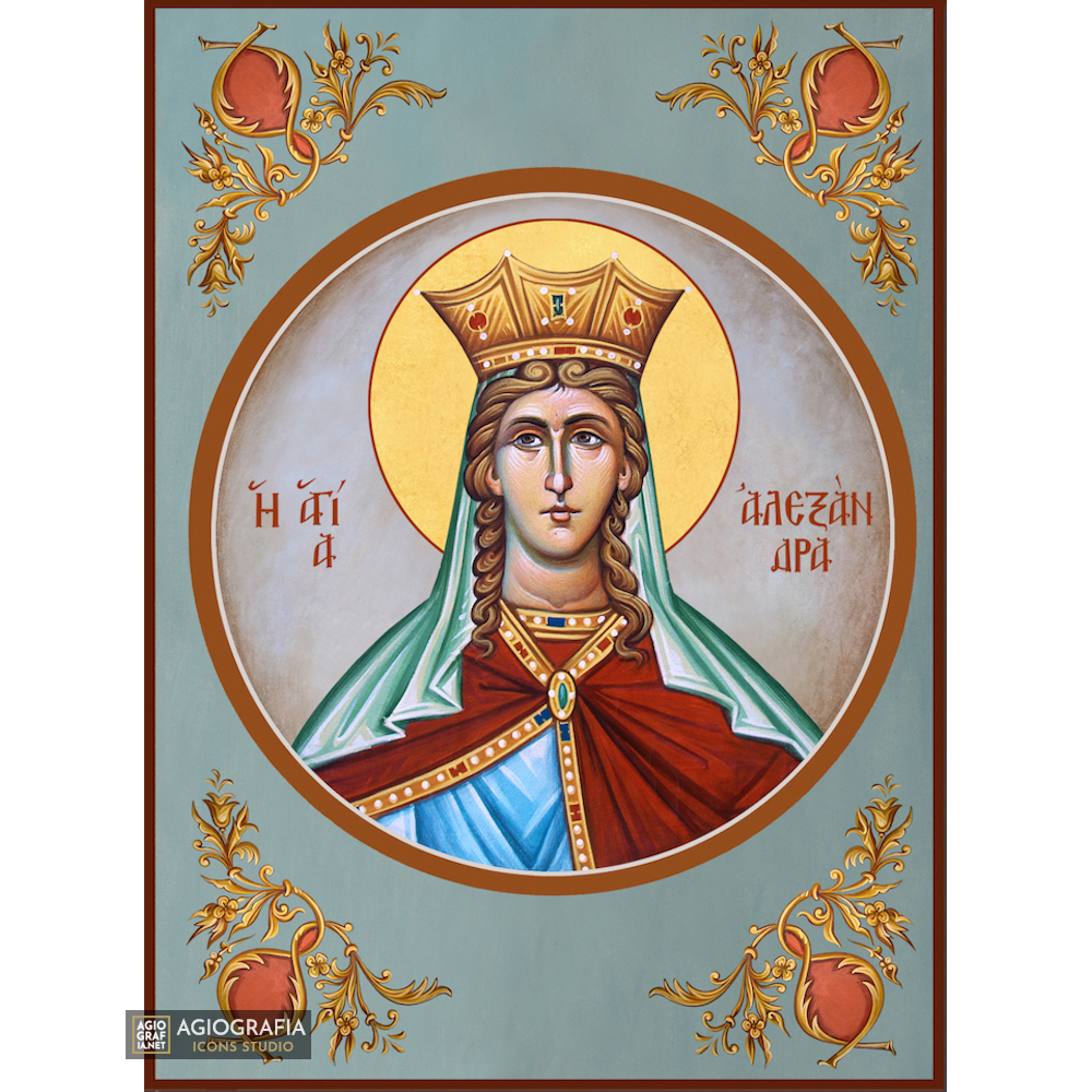 St Alexandra Greek Orthodox Wood Icon with Blue Background
